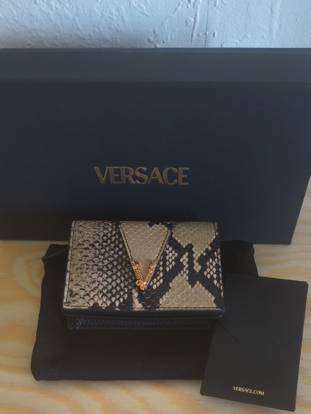 Versace Snake-Print Mini Wallet in Gold and Black with V Accent
